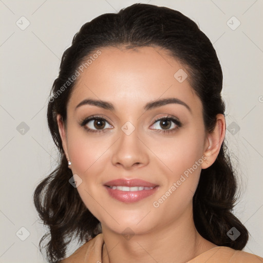 Joyful white young-adult female with medium  black hair and brown eyes