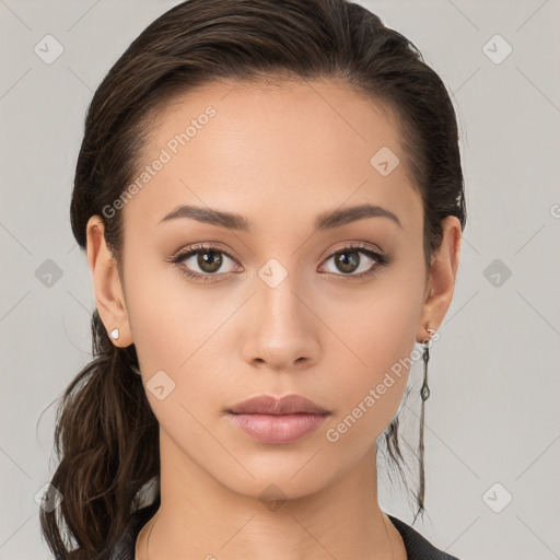 Neutral white young-adult female with long  brown hair and brown eyes