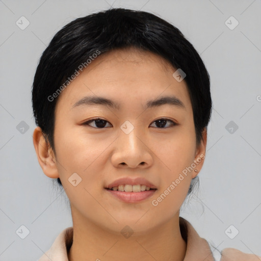 Joyful asian young-adult female with medium  black hair and brown eyes
