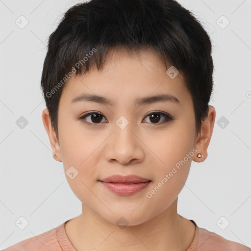 Joyful asian young-adult female with short  brown hair and brown eyes