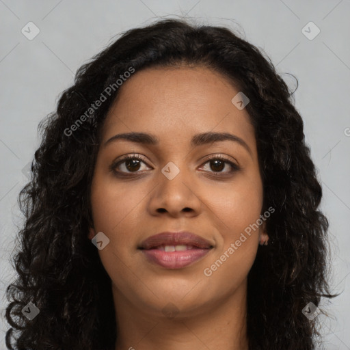 Joyful latino young-adult female with long  brown hair and brown eyes