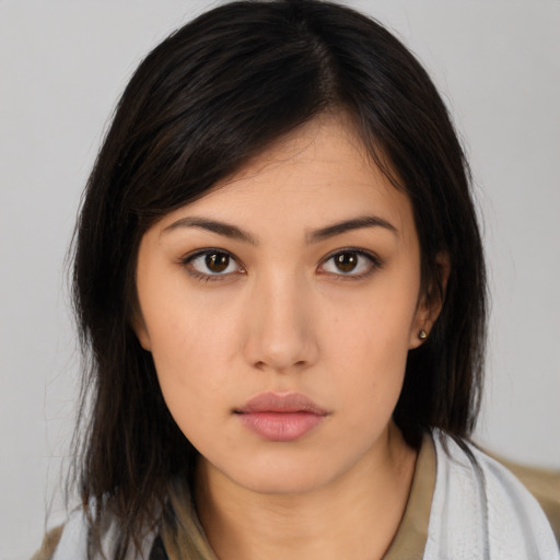 Neutral asian young-adult female with medium  brown hair and brown eyes