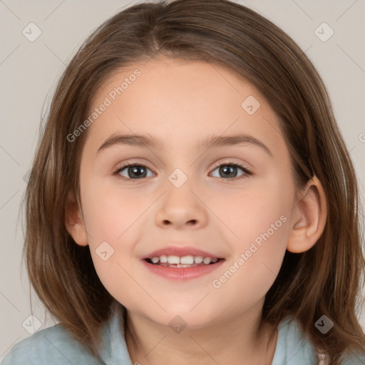 Joyful white child female with medium  brown hair and brown eyes