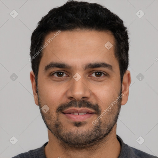 Neutral latino young-adult male with short  black hair and brown eyes