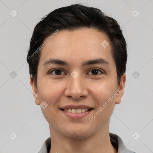 Joyful white young-adult female with short  brown hair and brown eyes