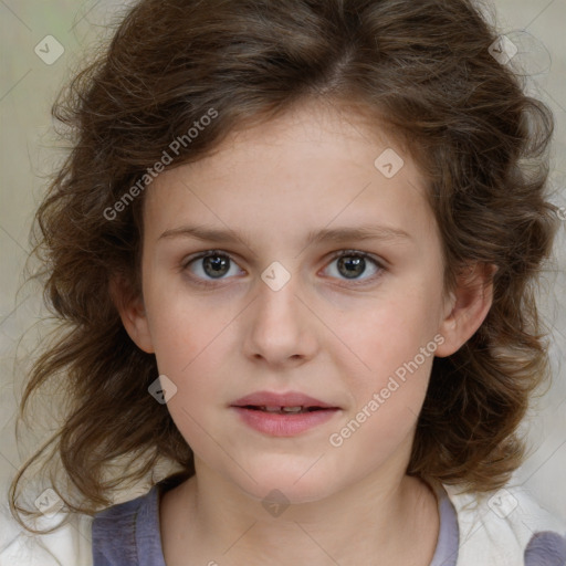 Joyful white child female with medium  brown hair and brown eyes