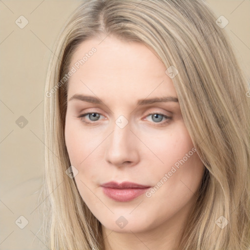 Neutral white young-adult female with long  brown hair and grey eyes