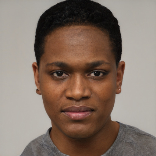 Joyful black young-adult female with short  black hair and brown eyes