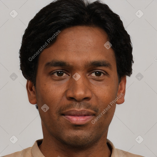 Neutral black young-adult male with short  black hair and brown eyes