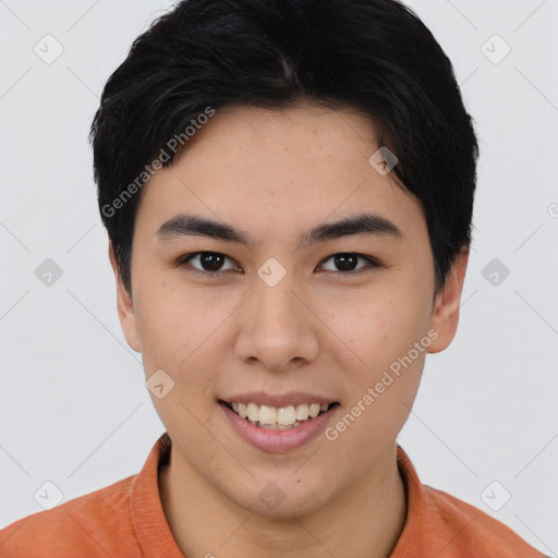 Joyful asian young-adult female with short  brown hair and brown eyes