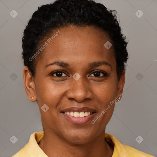 Joyful black young-adult female with short  brown hair and brown eyes