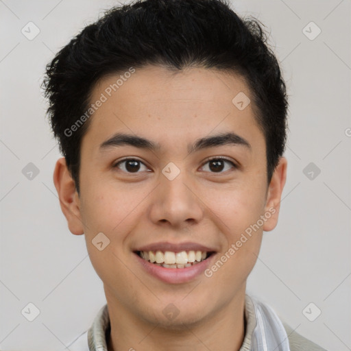 Joyful latino young-adult male with short  brown hair and brown eyes