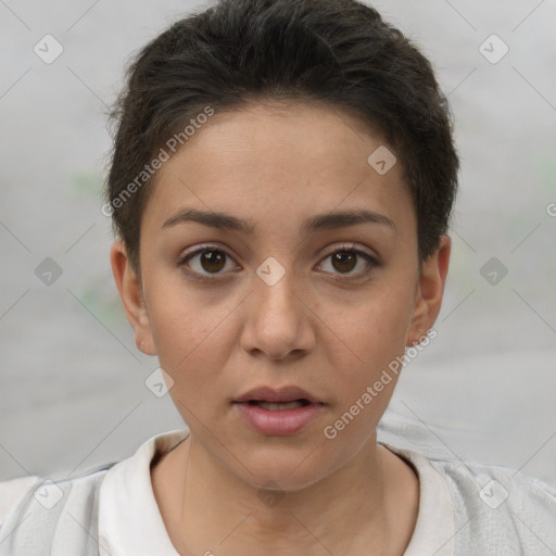 Neutral white young-adult female with short  brown hair and brown eyes