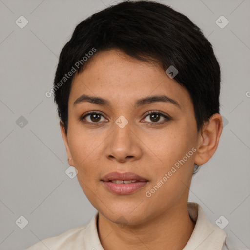 Joyful latino young-adult female with short  brown hair and brown eyes