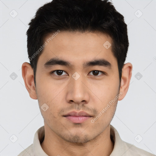 Neutral asian young-adult male with short  black hair and brown eyes