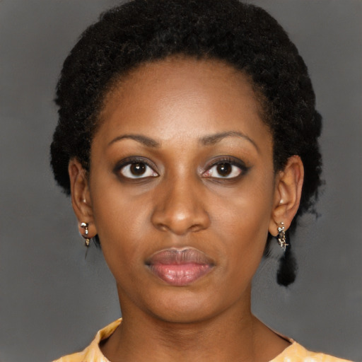 Neutral black young-adult female with short  black hair and brown eyes