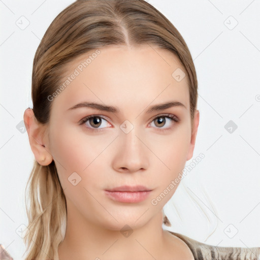 Neutral white young-adult female with long  brown hair and brown eyes