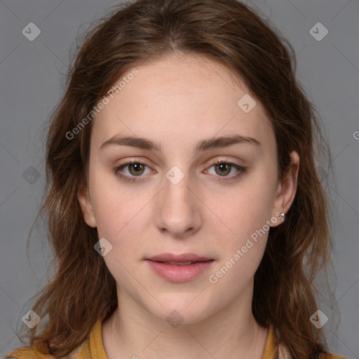 Neutral white young-adult female with medium  brown hair and brown eyes