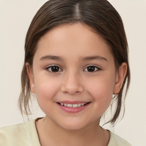 Joyful white child female with medium  brown hair and brown eyes