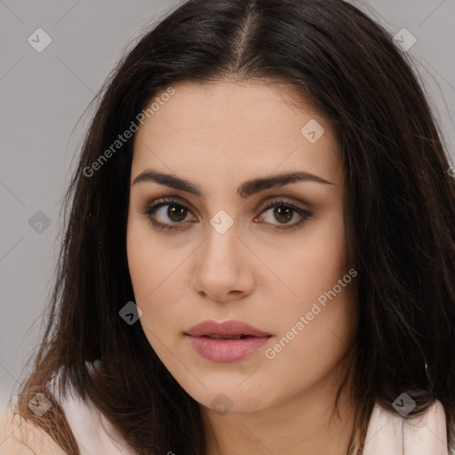 Neutral white young-adult female with long  brown hair and brown eyes