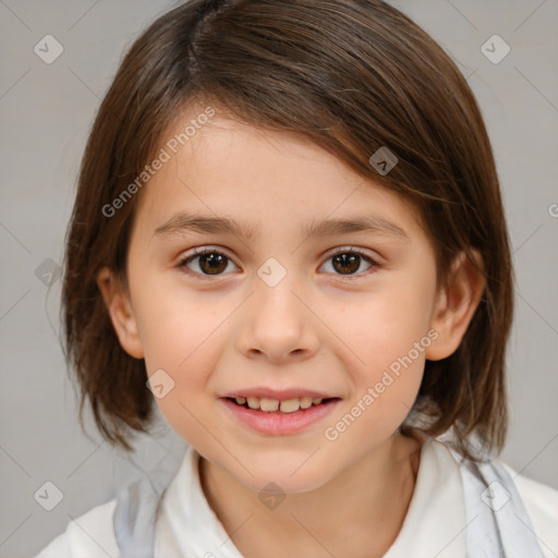 Joyful white child female with medium  brown hair and brown eyes