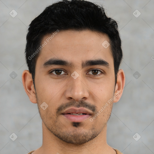 Neutral latino young-adult male with short  black hair and brown eyes