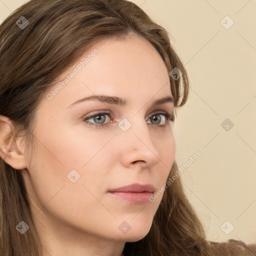 Neutral white young-adult female with long  brown hair and grey eyes