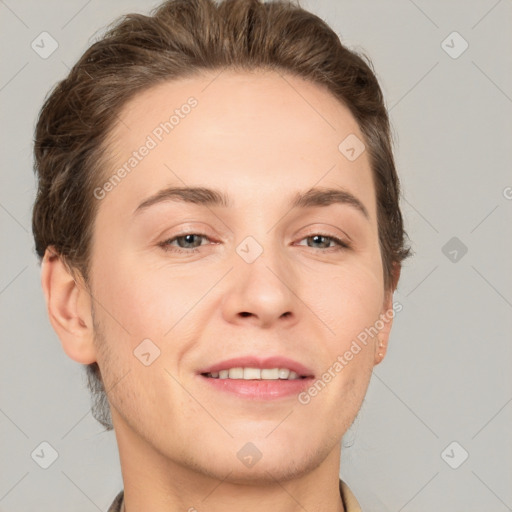 Joyful white adult female with short  brown hair and brown eyes