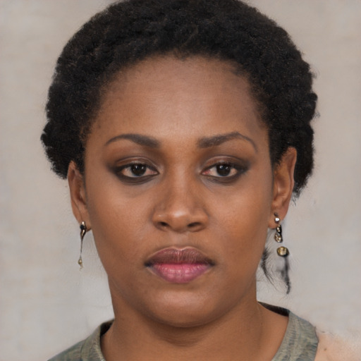 Neutral black young-adult female with short  black hair and brown eyes