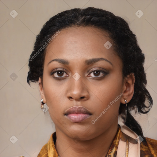 Neutral latino young-adult female with long  brown hair and brown eyes