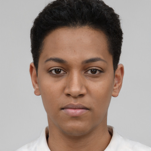 Neutral latino young-adult female with short  black hair and brown eyes