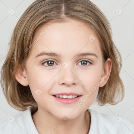 Joyful white child female with medium  brown hair and grey eyes