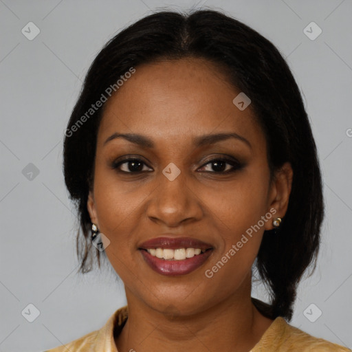 Joyful black young-adult female with medium  black hair and brown eyes