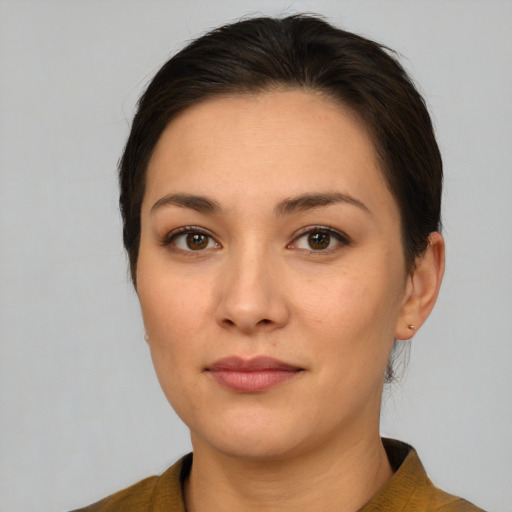 Neutral white young-adult female with medium  brown hair and brown eyes