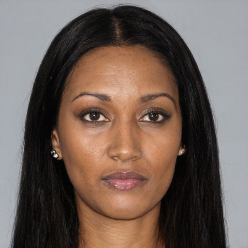 Neutral asian young-adult female with long  black hair and brown eyes