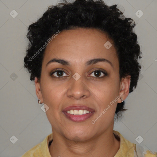 Joyful latino young-adult female with short  brown hair and brown eyes