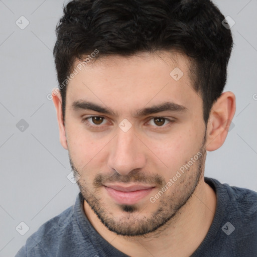 Neutral white young-adult male with short  brown hair and brown eyes