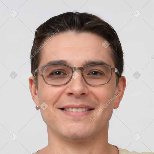 Joyful white young-adult male with short  brown hair and brown eyes