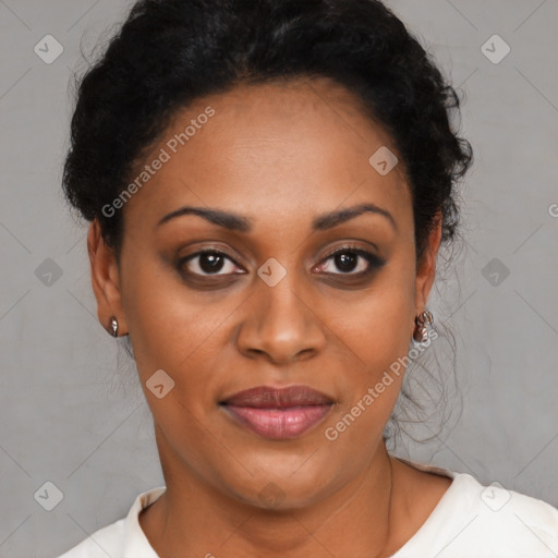 Joyful latino young-adult female with short  black hair and brown eyes