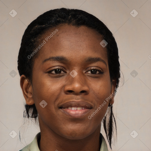 Joyful black young-adult female with medium  black hair and brown eyes