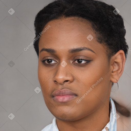 Neutral black young-adult female with short  black hair and brown eyes