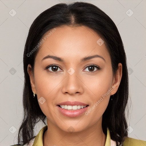 Joyful white young-adult female with long  brown hair and brown eyes