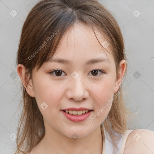 Joyful white child female with medium  brown hair and brown eyes