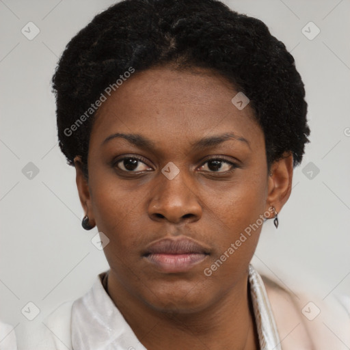 Neutral black young-adult female with short  black hair and brown eyes