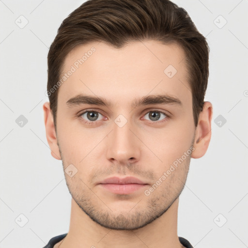 Neutral white young-adult male with short  brown hair and brown eyes