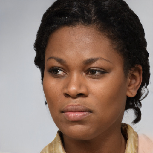 Joyful black young-adult female with medium  brown hair and brown eyes