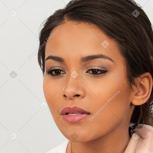 Neutral white young-adult female with long  brown hair and brown eyes