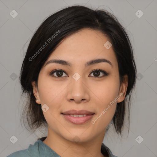 Joyful asian young-adult female with medium  brown hair and brown eyes