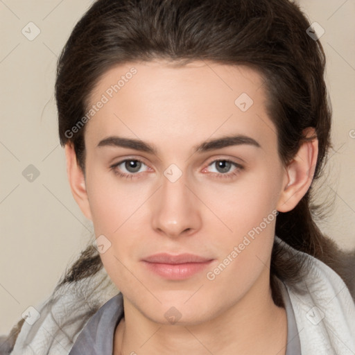 Neutral white young-adult female with medium  brown hair and brown eyes