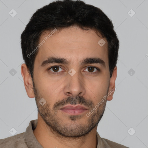 Neutral white young-adult male with short  brown hair and brown eyes